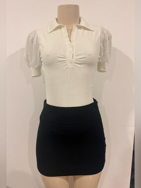 bebe white Knit Polo Top with Lace Puff Sleeves